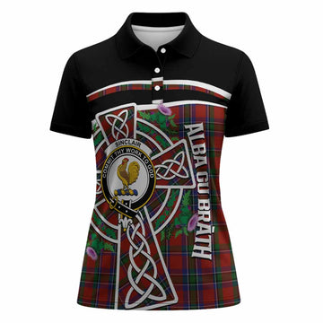Sinclair Tartan Crest Women Polo Shirt Scottish Thistle Celtic Cross Alba Gu Brath