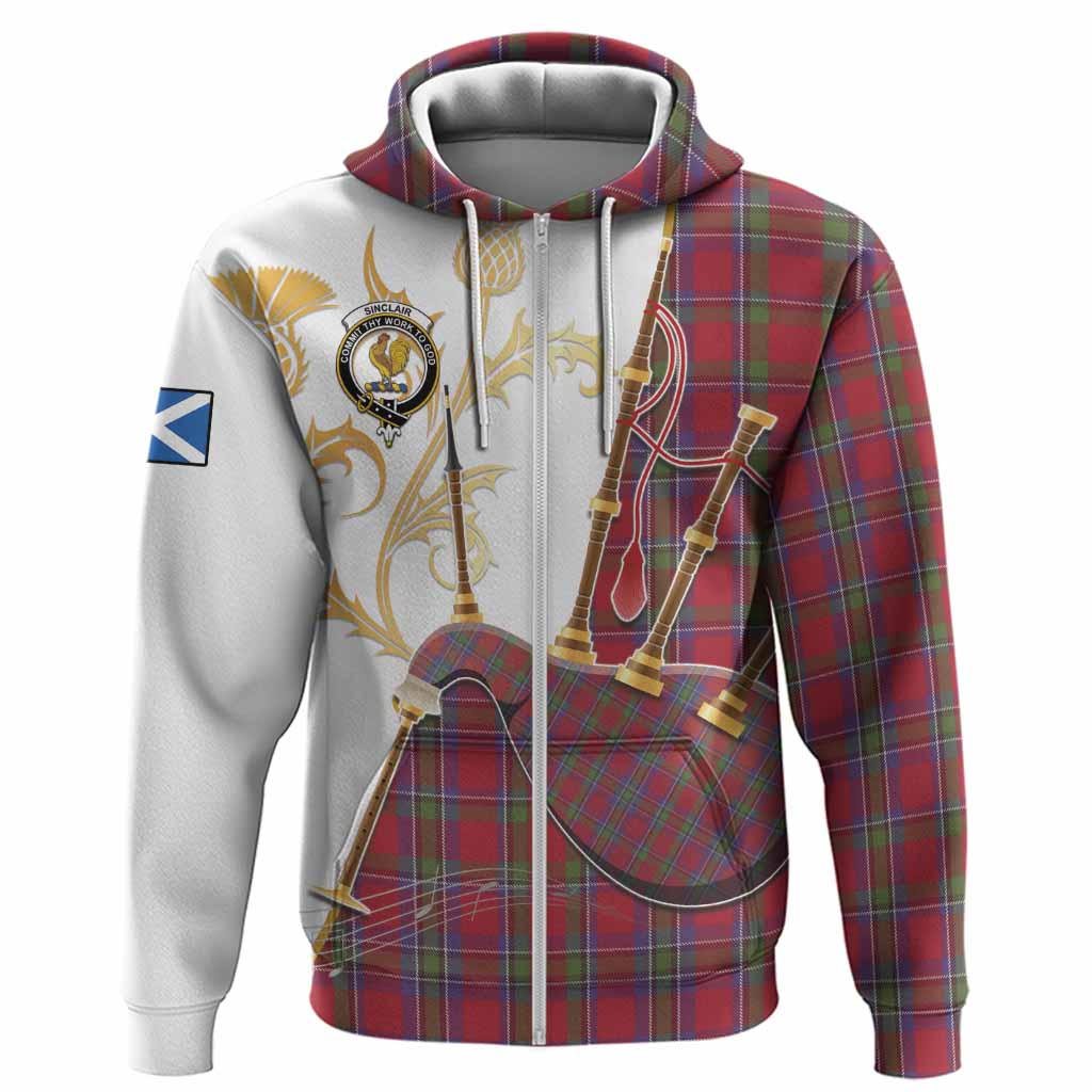 Sinclair Tartan Family Crest Hoodie Bagpipes with Scottish Thistle