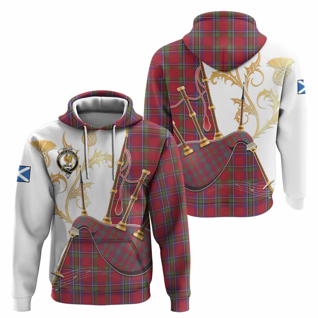 Sinclair Tartan Family Crest Hoodie Bagpipes with Scottish Thistle