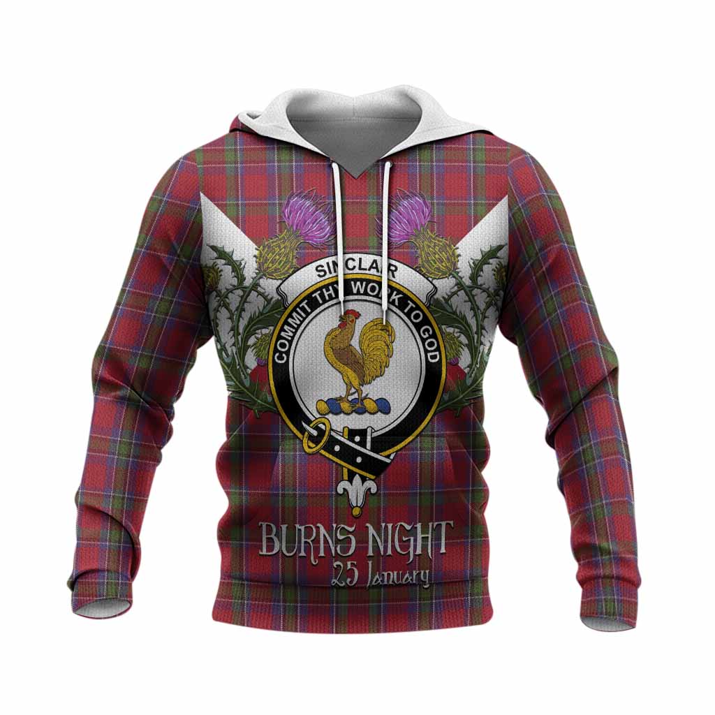 Sinclair Tartan Family Crest Knitted Hoodie Scottish Burns Night Thistle Floral
