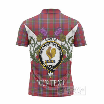 Sinclair Tartan Family Crest Zipper Polo Shirt Scottish Burns Night Thistle Floral