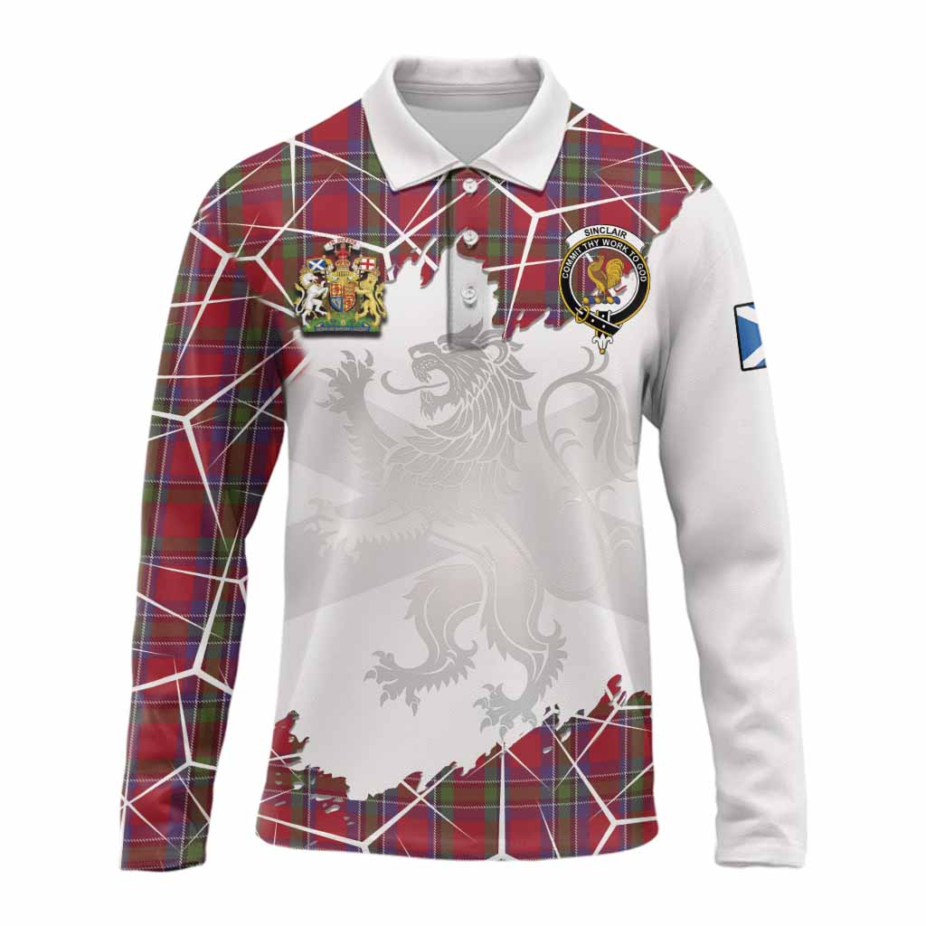 Sinclair Tartan Long Sleeve Polo Shirt with Family Crest and Lion Rampant Grunge Style