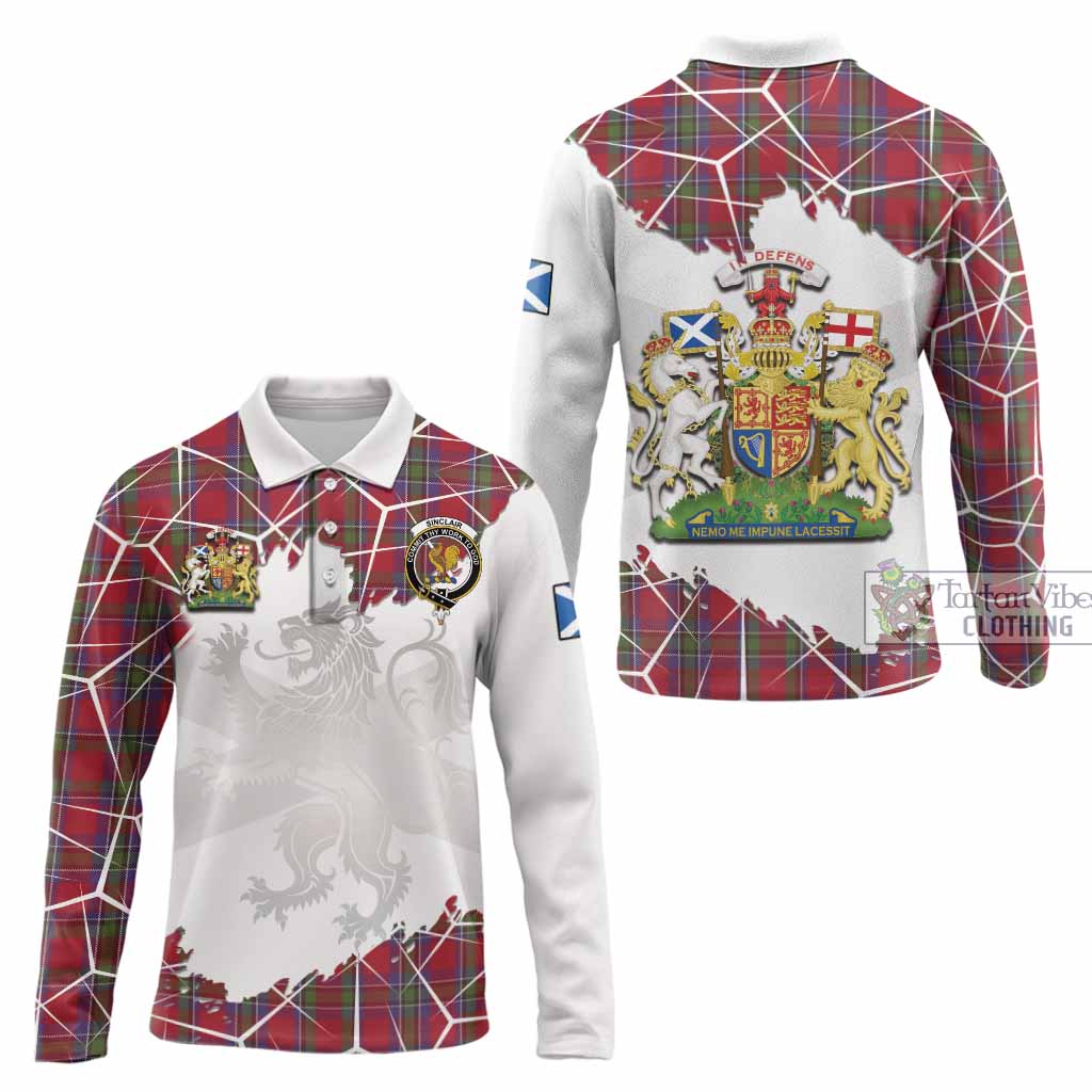 Sinclair Tartan Long Sleeve Polo Shirt with Family Crest and Lion Rampant Grunge Style