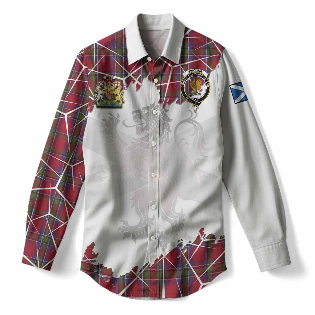 Sinclair Tartan Women Casual Shirt with Family Crest and Lion Rampant Grunge Style