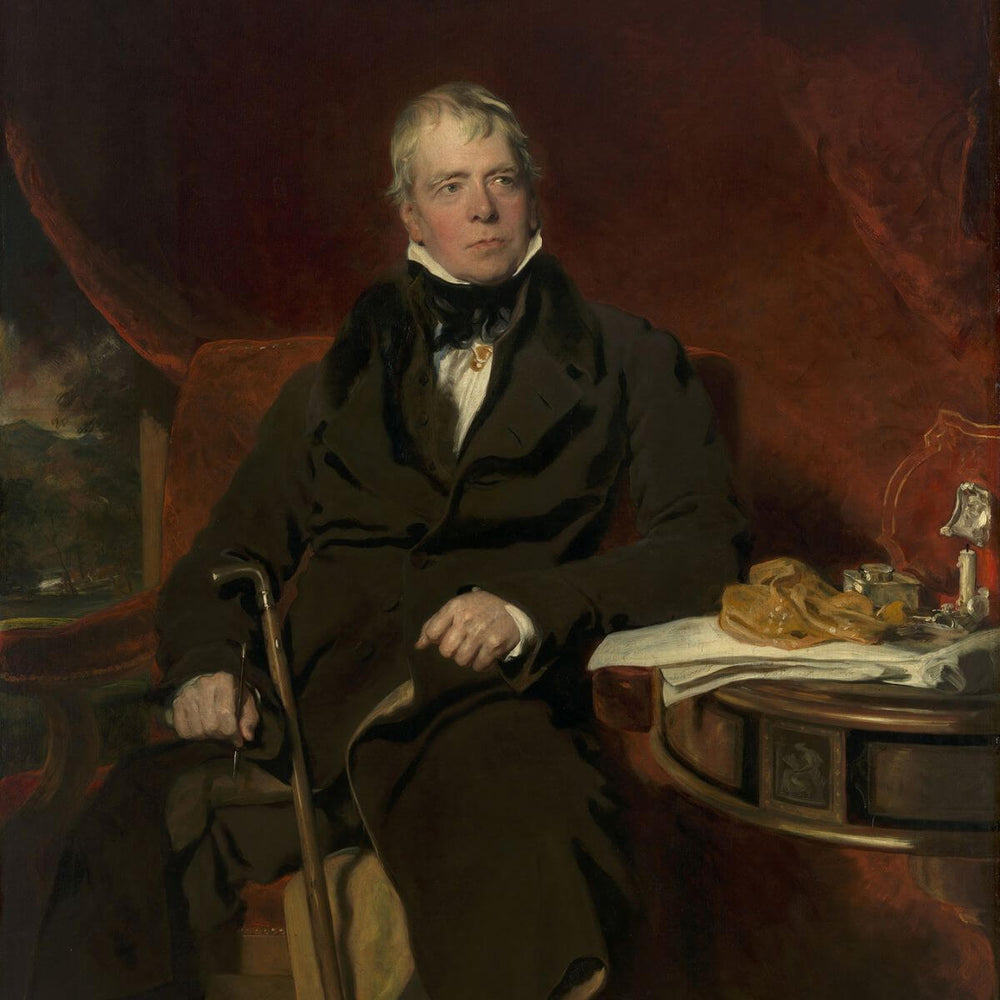 Painted portrait of Scottish novelist and poet Sir Walter Scott seated indoors.