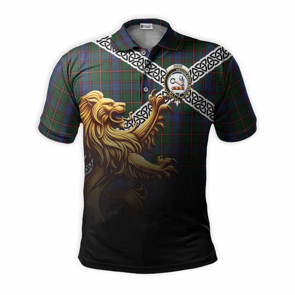 Tartan Vibes Clothing Skene Crest Tartan Polo Shirt with Golden Lion Emblem Celtic Style