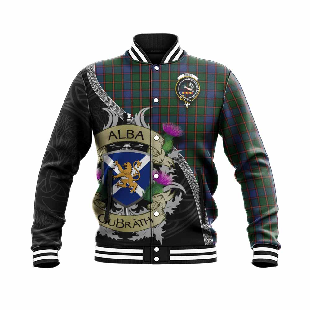 Tartan Vibes Clothing Skene Tartan Family Crest Baseball Jacket Lion Rampant Royal Thistle Shield Celtic Inspired