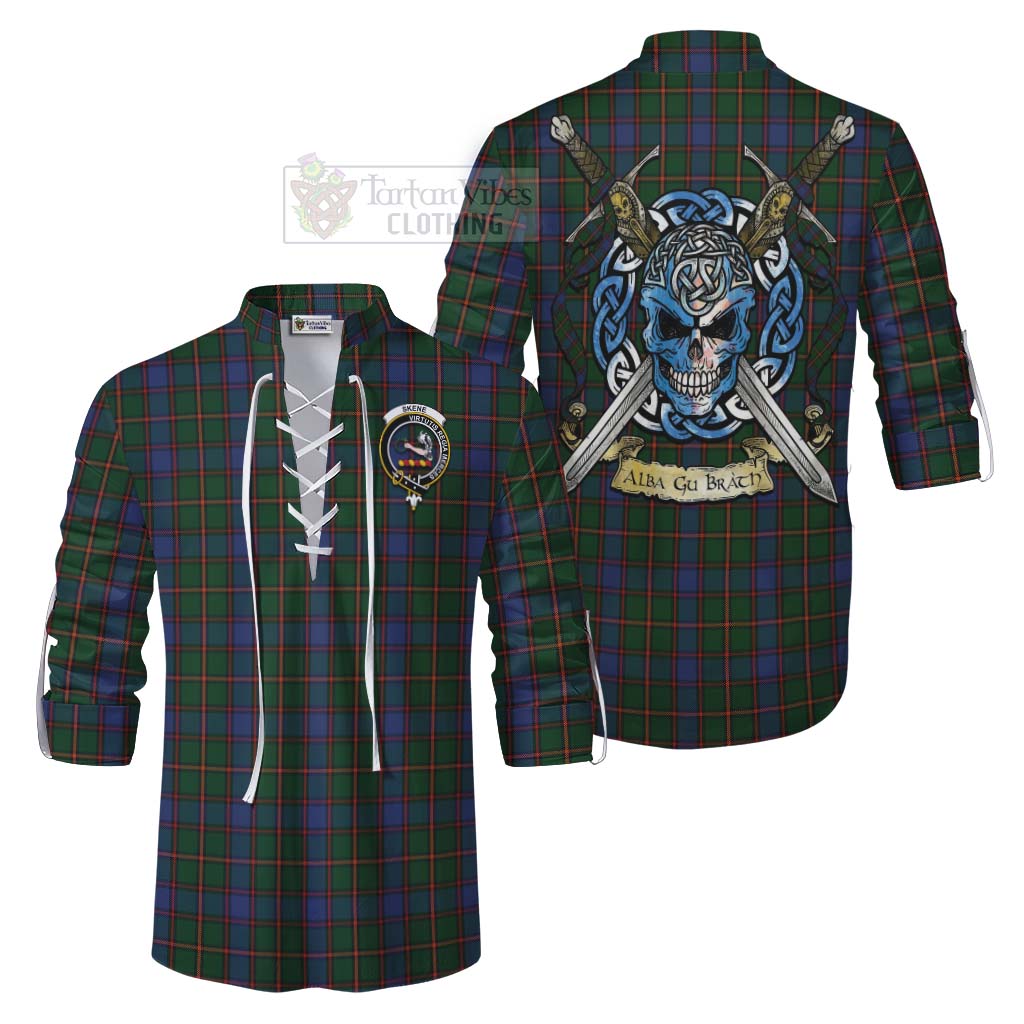 Tartan Vibes Clothing Skene Tartan Ghillie Kilt Shirt with Family Crest Celtic Skull Style