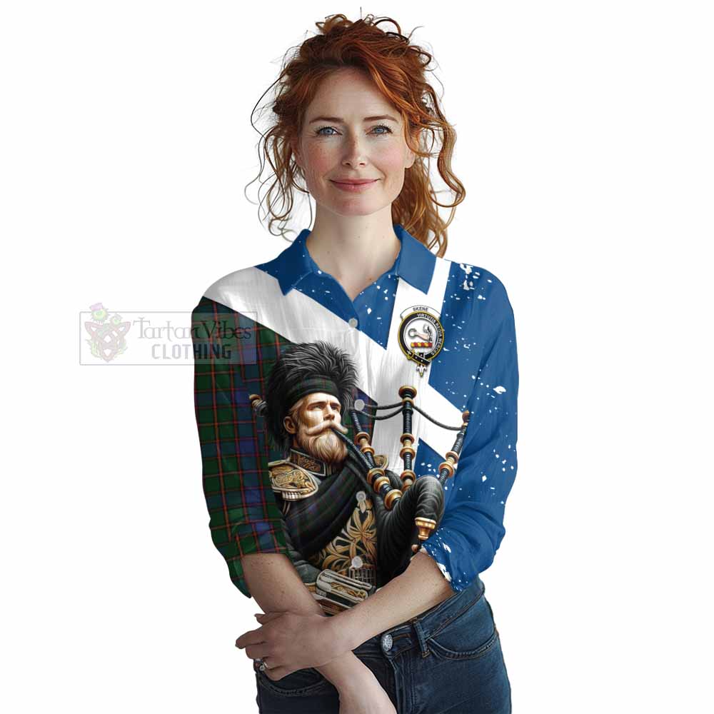 Tartan Vibes Clothing Skene Tartan Women's Casual Shirt with Family Crest Scottish Bagpiper Vibes