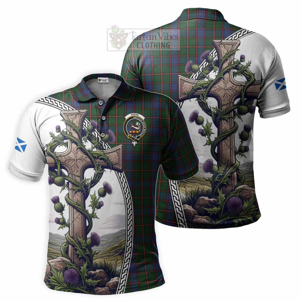 Tartan Vibes Clothing Skene Tartan Polo Shirt with Family Crest and St. Andrew's Cross Accented by Thistle Vines