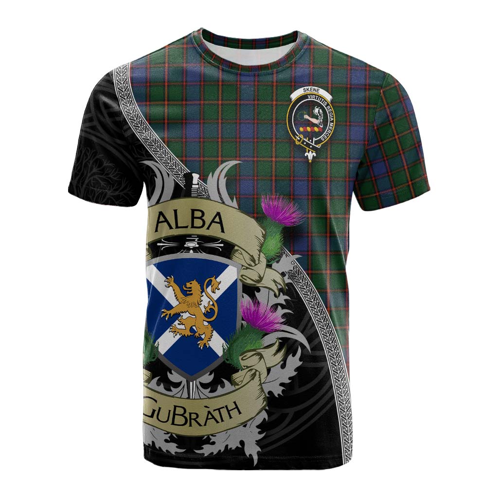 Tartan Vibes Clothing Skene Tartan Family Crest Cotton T-shirt Lion Rampant Royal Thistle Shield Celtic Inspired
