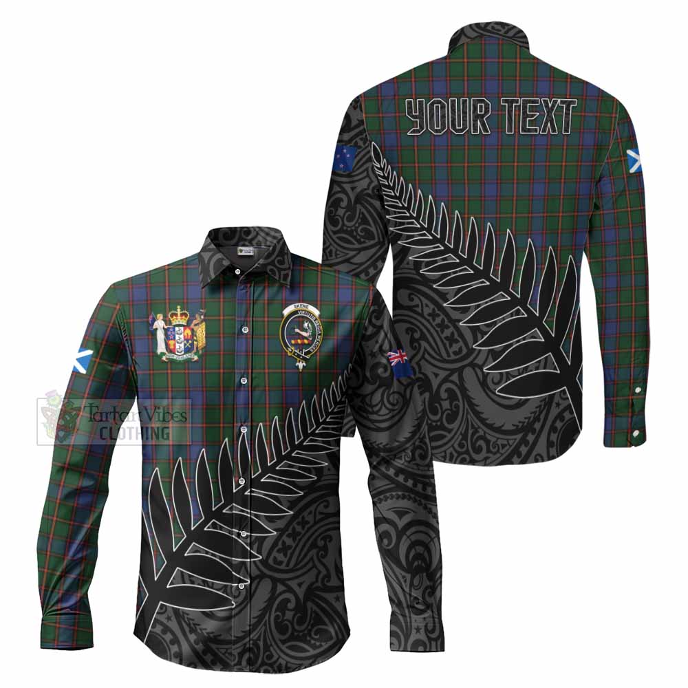 Tartan Vibes Clothing Skene Crest Tartan Long Sleeve Button Shirt with New Zealand Silver Fern Half Style