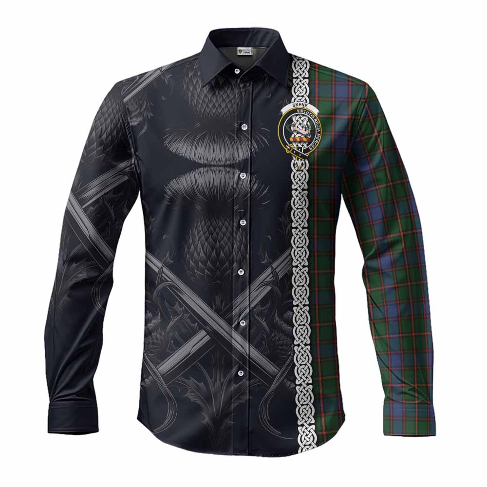 Tartan Vibes Clothing Skene Tartan Long Sleeve Button Shirt with Family Crest Cross Sword Thistle Celtic Vibes