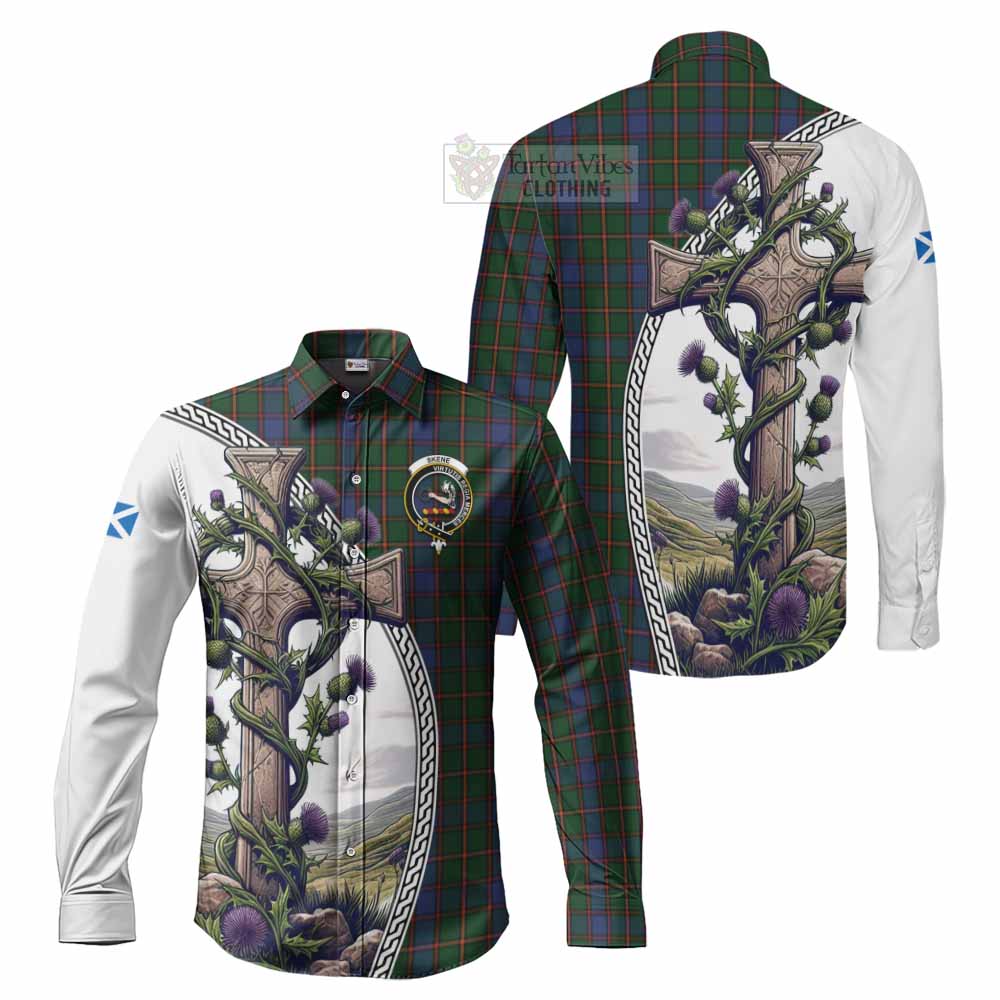 Tartan Vibes Clothing Skene Tartan Long Sleeve Button Shirt with Family Crest and St. Andrew's Cross Accented by Thistle Vines