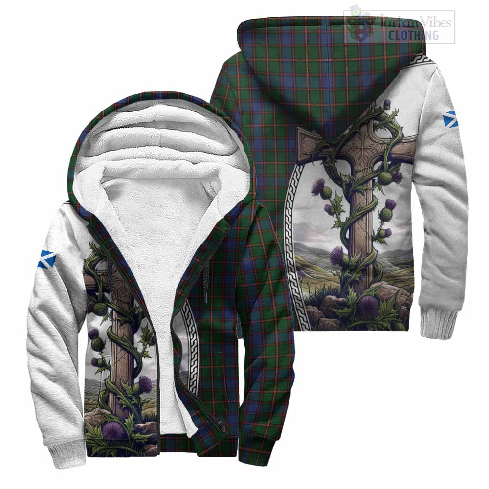 Tartan Vibes Clothing Skene Tartan Sherpa Hoodie with Family Crest and St. Andrew's Cross Accented by Thistle Vines