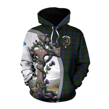 Skene Tartan Cotton Hoodie with Family Crest and St. Andrew's Cross Accented by Thistle Vines