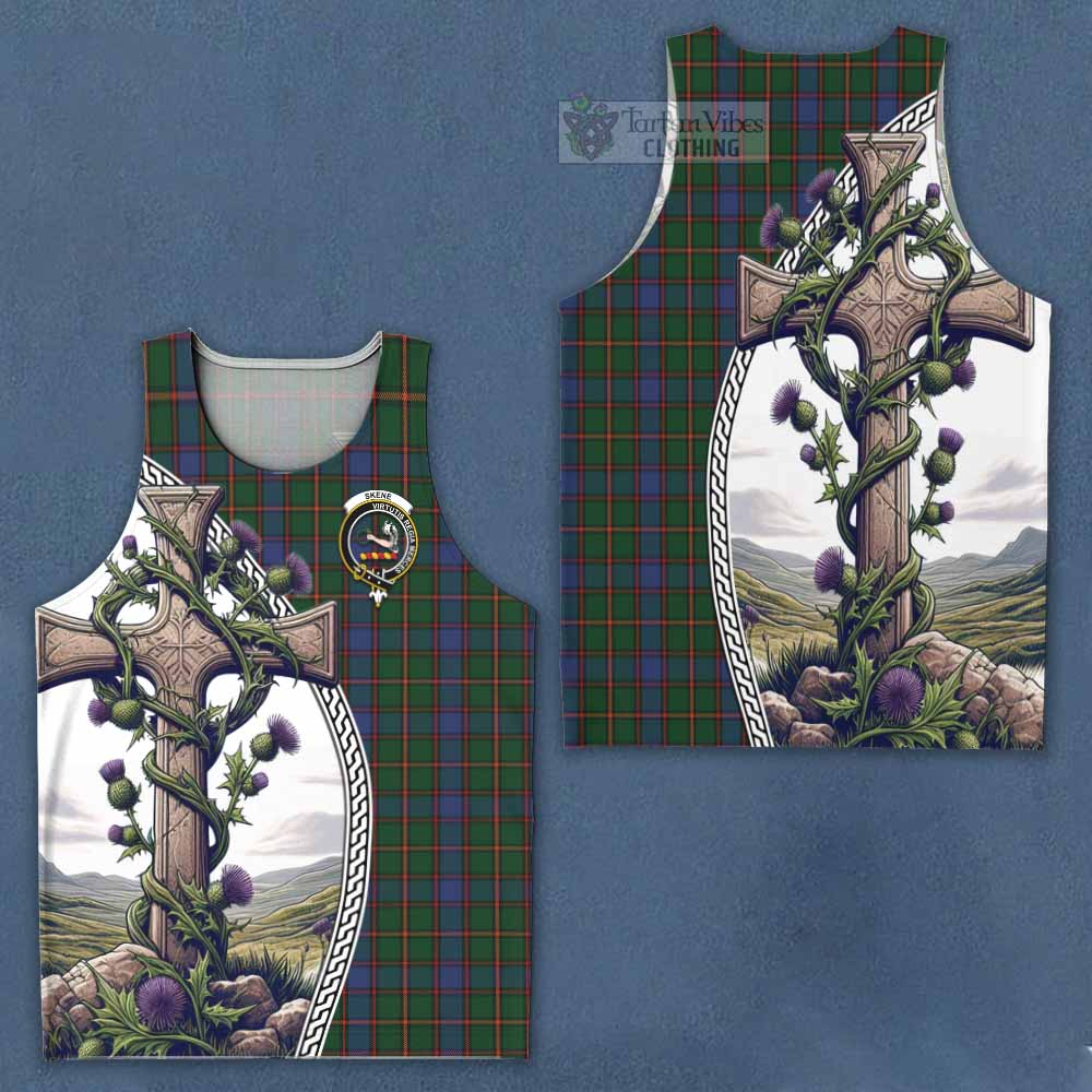 Tartan Vibes Clothing Skene Tartan Men's Tank Top with Family Crest and St. Andrew's Cross Accented by Thistle Vines