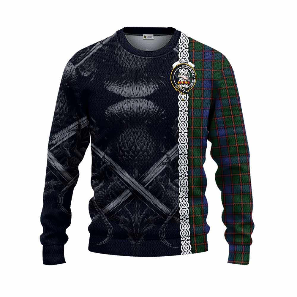 Tartan Vibes Clothing Skene Tartan Knitted Sweater with Family Crest Cross Sword Thistle Celtic Vibes