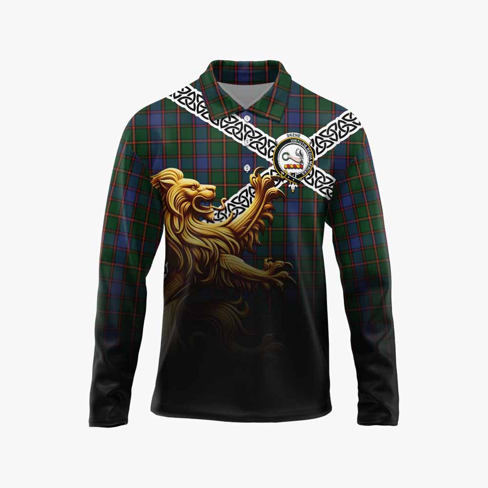 Tartan Vibes Clothing Skene Crest Tartan Long Sleeve Polo Shirt with Golden Lion Emblem Celtic Style