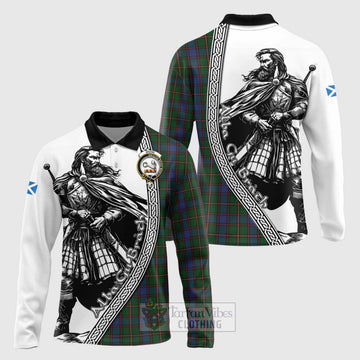 Skene Tartan Clan Crest Long Sleeve Polo Shirt with Highlander Warrior Celtic Style