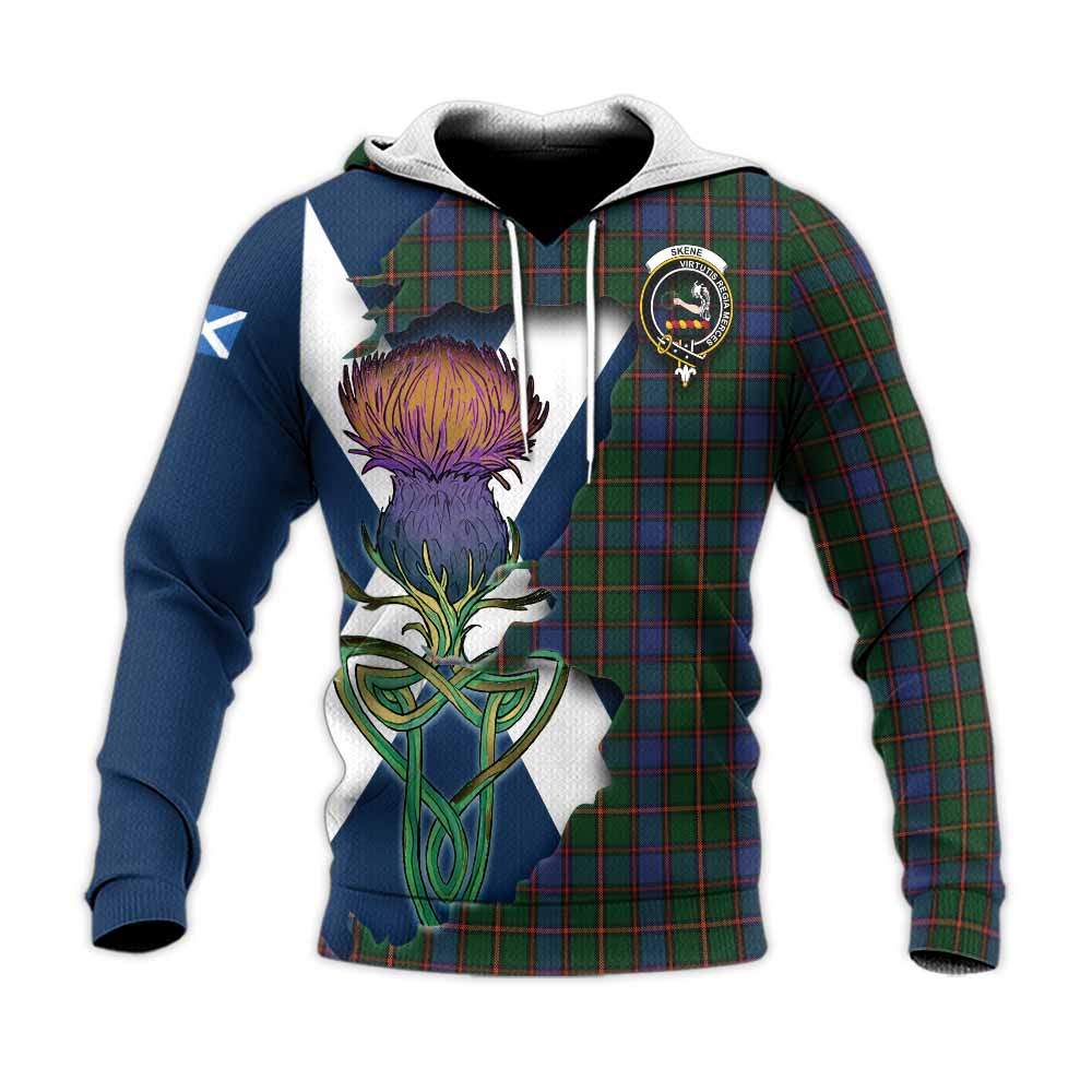 Tartan Vibes Clothing Skene Tartan Family Crest Knitted Hoodie Scottish Thistle Celtic Inspired