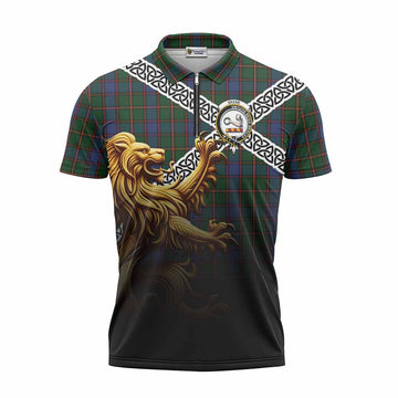 Skene Crest Tartan Zipper Polo Shirt with Golden Lion Emblem Celtic Style