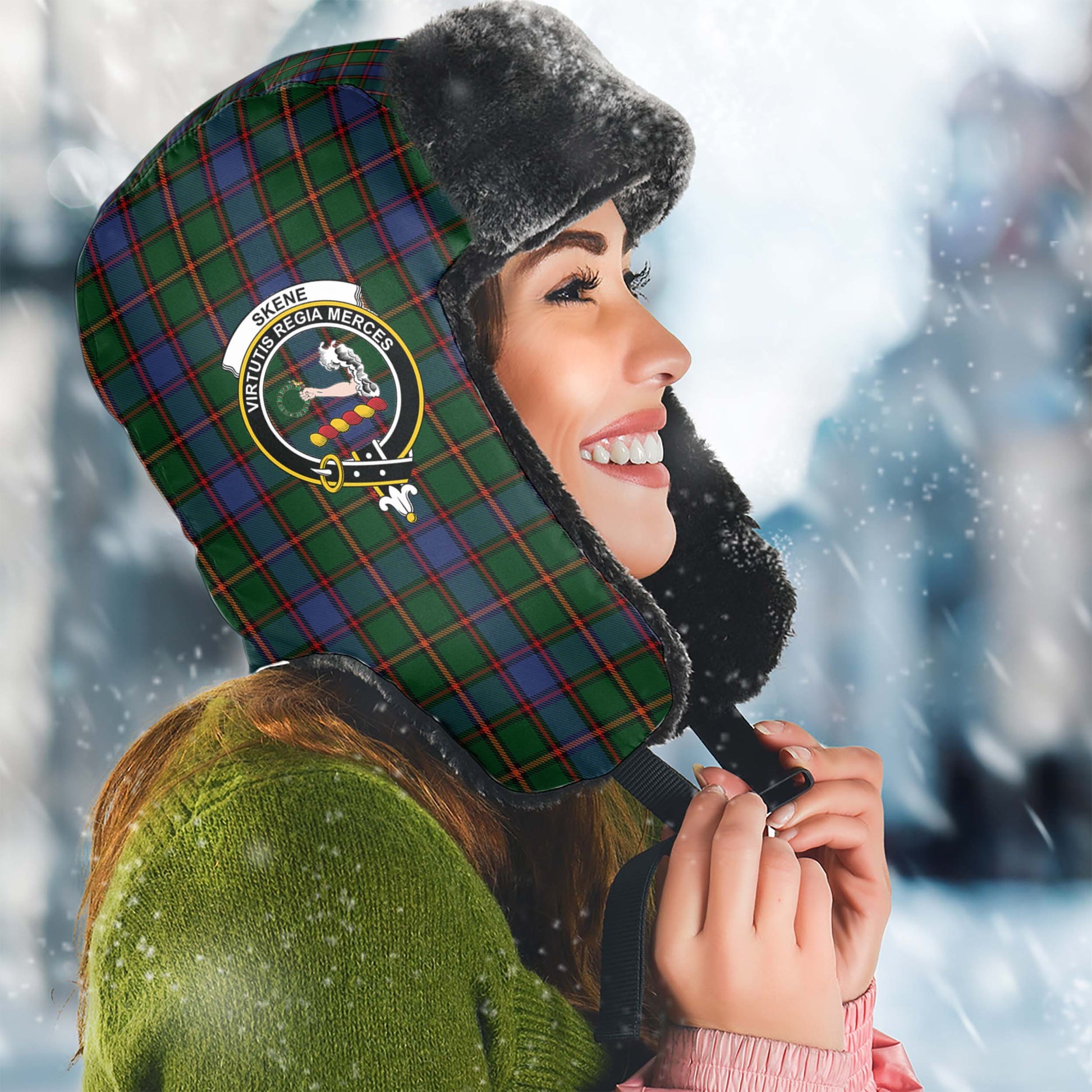 Skene Tartan Winter Trapper Hat with Family Crest Winter Trapper Hat Universal Fit Circumference 22.8in (58cm) - Tartanvibesclothing