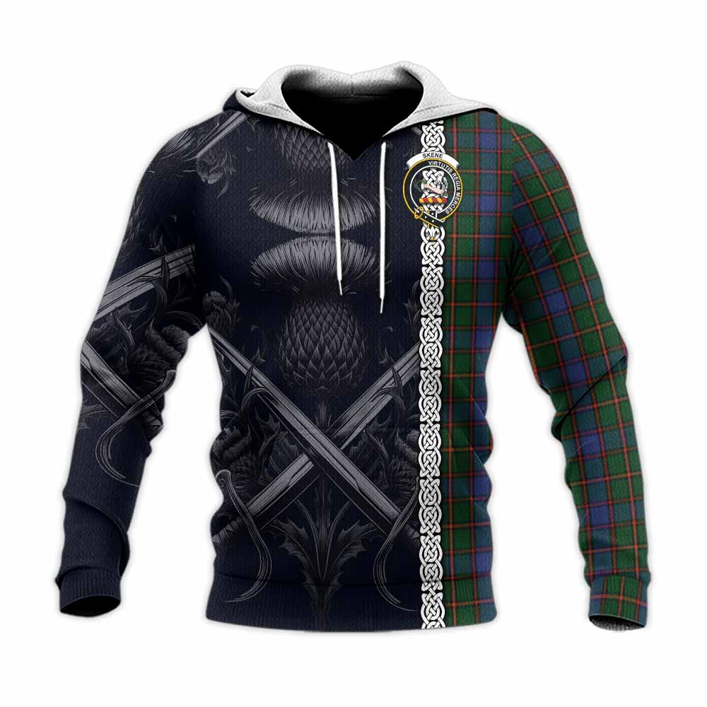 Tartan Vibes Clothing Skene Tartan Knitted Hoodie with Family Crest Cross Sword Thistle Celtic Vibes