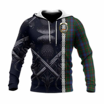 Tartan Vibes Clothing Skene Tartan Knitted Hoodie with Family Crest Cross Sword Thistle Celtic Vibes