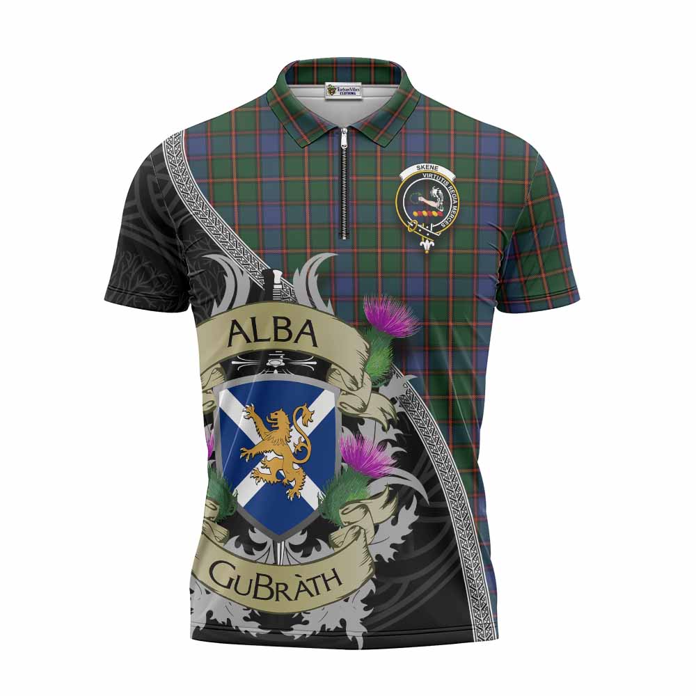 Tartan Vibes Clothing Skene Tartan Family Crest Zipper Polo Shirt Lion Rampant Royal Thistle Shield Celtic Inspired