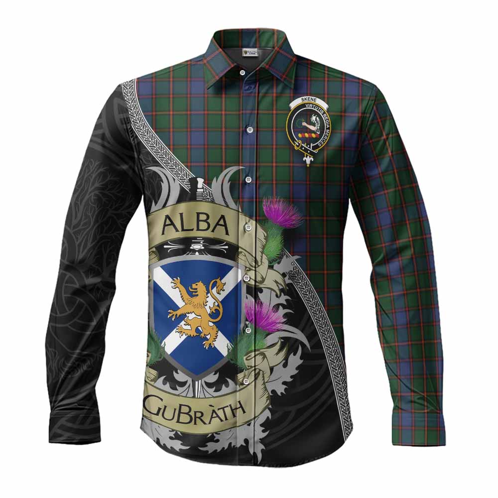 Tartan Vibes Clothing Skene Tartan Family Crest Long Sleeve Button Shirt Lion Rampant Royal Thistle Shield Celtic Inspired