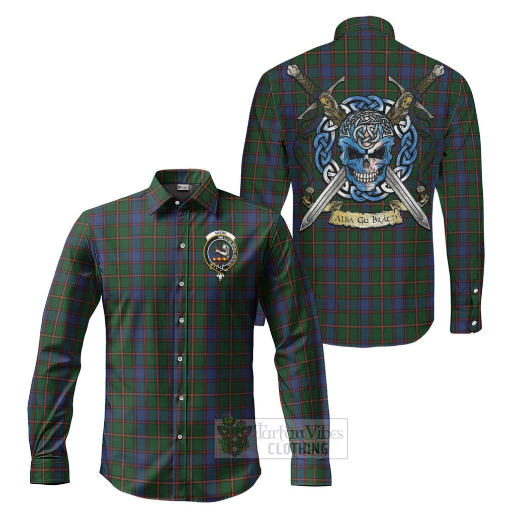 Tartan Vibes Clothing Skene Tartan Long Sleeve Button Shirt with Family Crest Celtic Skull Style