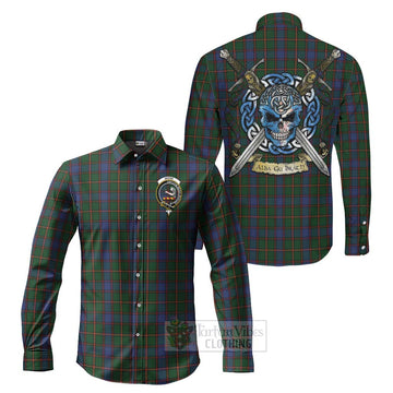 Tartan Vibes Clothing Skene Tartan Long Sleeve Button Shirt with Family Crest Celtic Skull Style