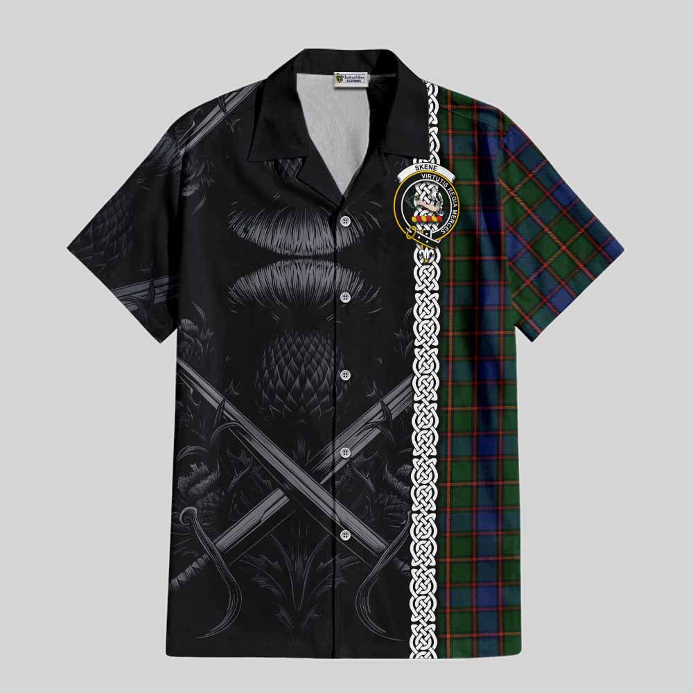 Tartan Vibes Clothing Skene Tartan Short Sleeve Button Shirt with Family Crest Cross Sword Thistle Celtic Vibes