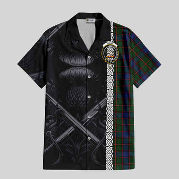 Tartan Vibes Clothing Skene Tartan Short Sleeve Button Shirt with Family Crest Cross Sword Thistle Celtic Vibes