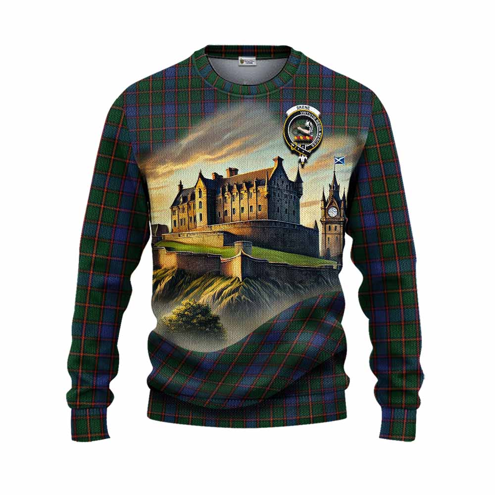 Tartan Vibes Clothing Skene Tartan Family Crest Knitted Sweater with Scottish Ancient Castle Style