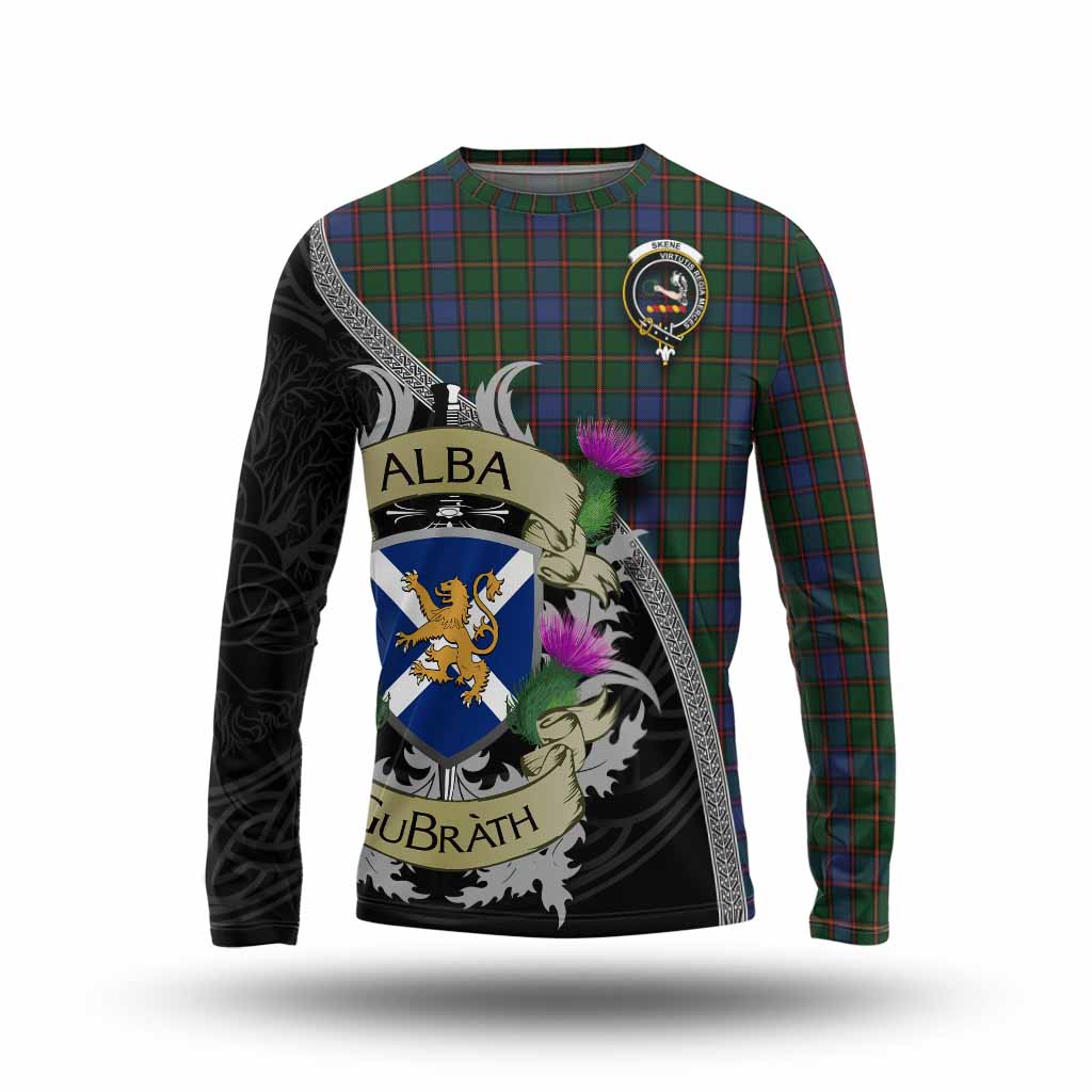 Tartan Vibes Clothing Skene Tartan Family Crest Long Sleeve T-Shirt Lion Rampant Royal Thistle Shield Celtic Inspired