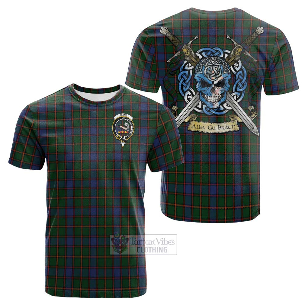 Tartan Vibes Clothing Skene Tartan Cotton T-shirt with Family Crest Celtic Skull Style