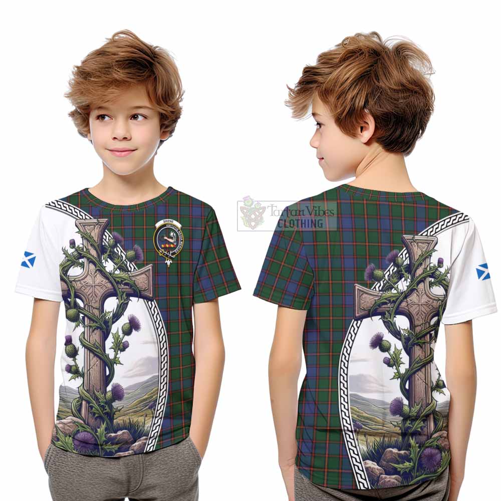 Tartan Vibes Clothing Skene Tartan Kid T-Shirt with Family Crest and St. Andrew's Cross Accented by Thistle Vines