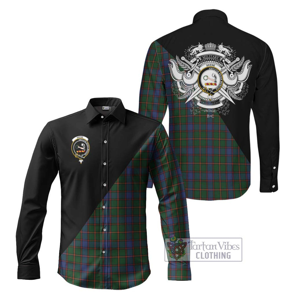 Skene Tartan Long Sleeve Button Shirt with Family Crest and Military Logo Style Men's Shirt S - Tartanvibesclothing Shop