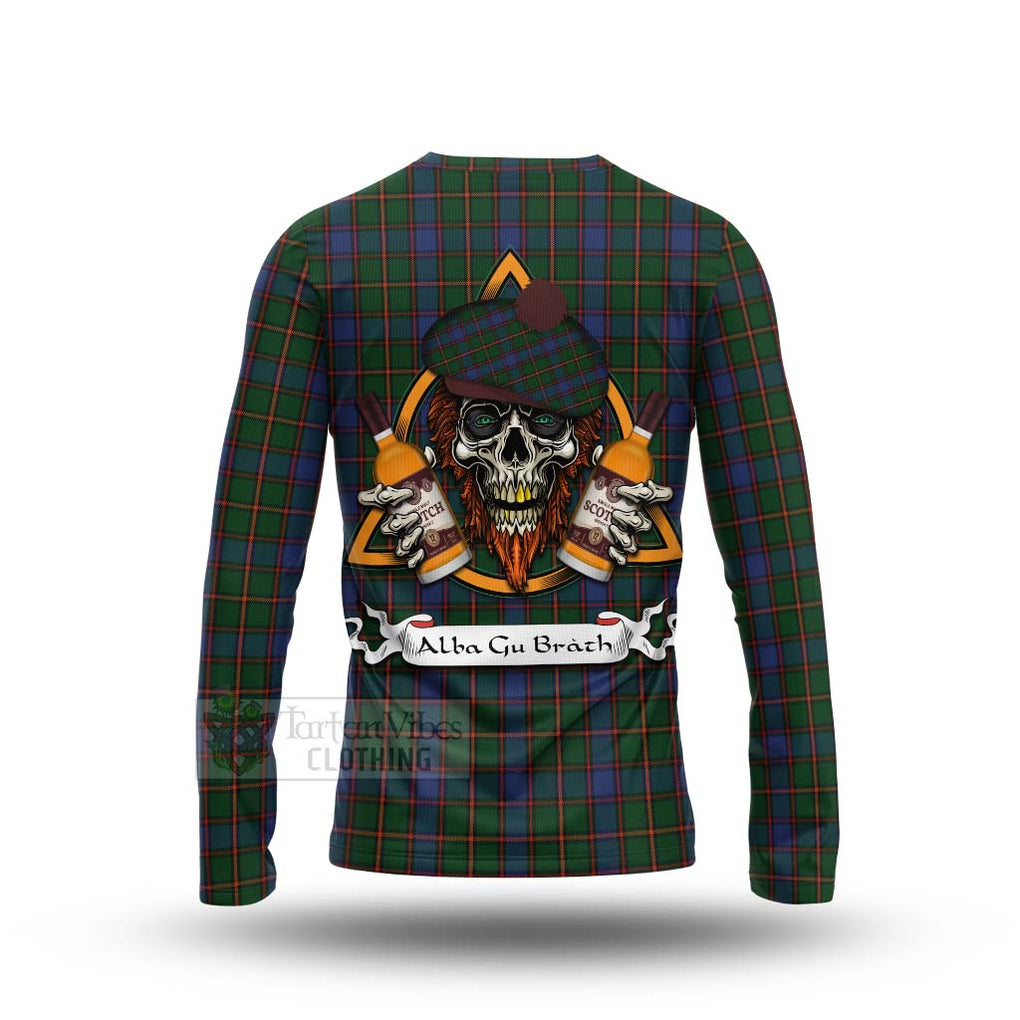 Tartan Vibes Clothing Skene Tartan Long Sleeve T-Shirt with Family Crest and Bearded Skull Holding Bottles of Whiskey