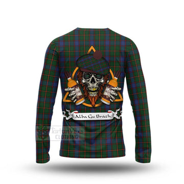 Tartan Vibes Clothing Skene Tartan Long Sleeve T-Shirt with Family Crest and Bearded Skull Holding Bottles of Whiskey