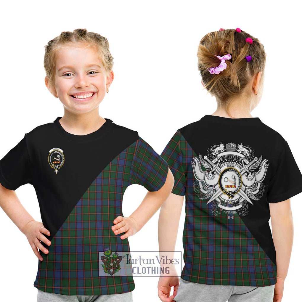 Skene Tartan Kid T-Shirt with Family Crest and Military Logo Style - Tartanvibesclothing Shop