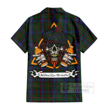 Skene Tartan Hawaiian Shirt with Family Crest and Bearded Skull Holding Bottles of Whiskey