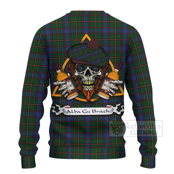 Tartan Vibes Clothing Skene Tartan Knitted Sweater with Family Crest and Bearded Skull Holding Bottles of Whiskey