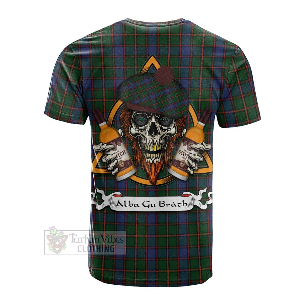 Tartan Vibes Clothing Skene Tartan Cotton T-shirt with Family Crest and Bearded Skull Holding Bottles of Whiskey