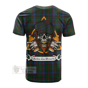 Tartan Vibes Clothing Skene Tartan Cotton T-shirt with Family Crest and Bearded Skull Holding Bottles of Whiskey