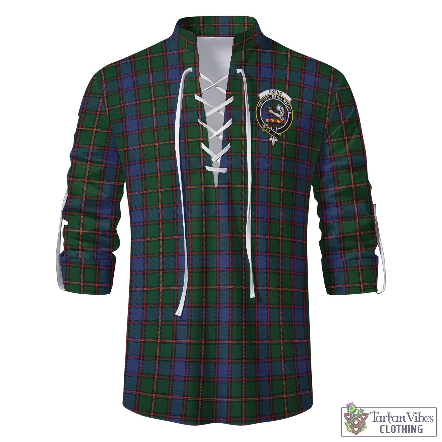 Tartan Vibes Clothing Skene Tartan Men's Scottish Traditional Jacobite Ghillie Kilt Shirt with Family Crest