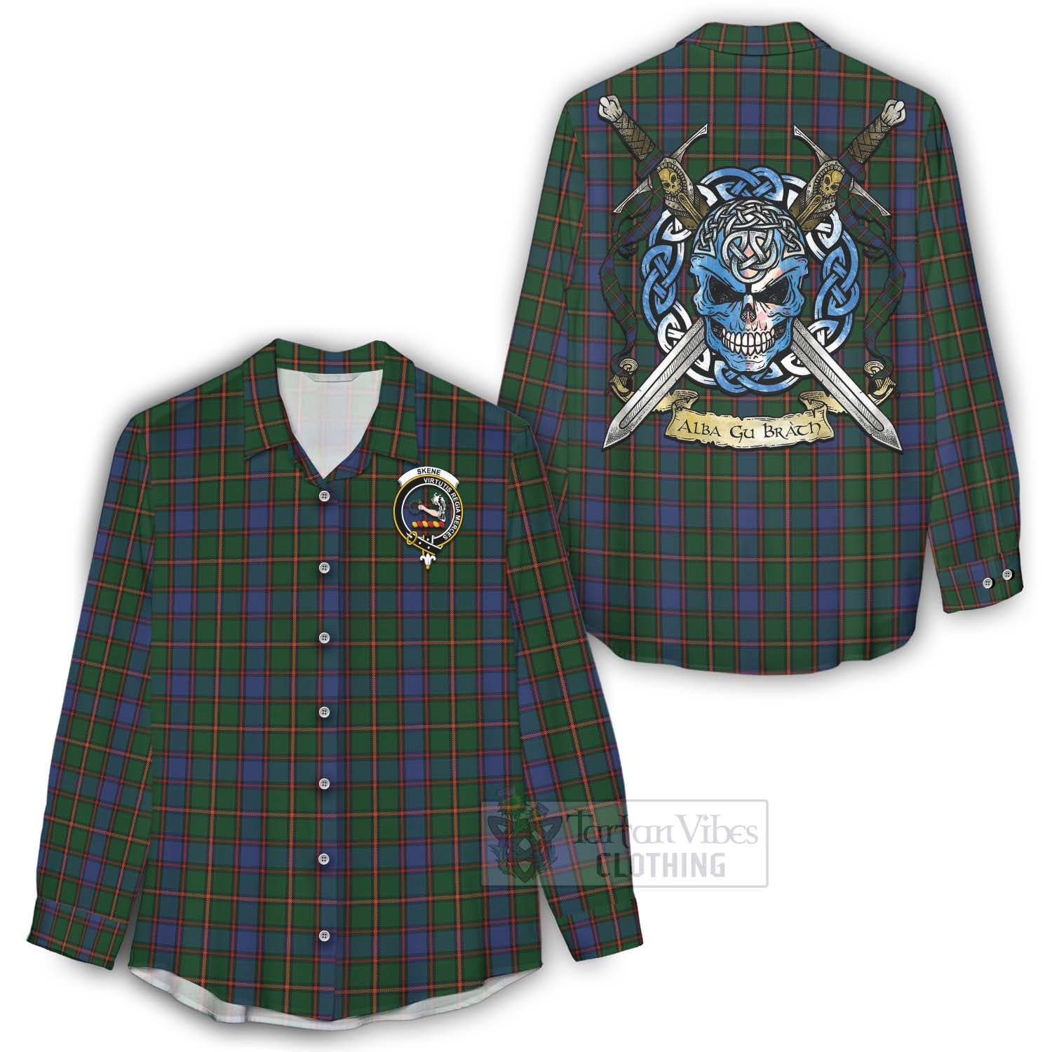Tartan Vibes Clothing Skene Tartan Women's Casual Shirt with Family Crest Celtic Skull Style