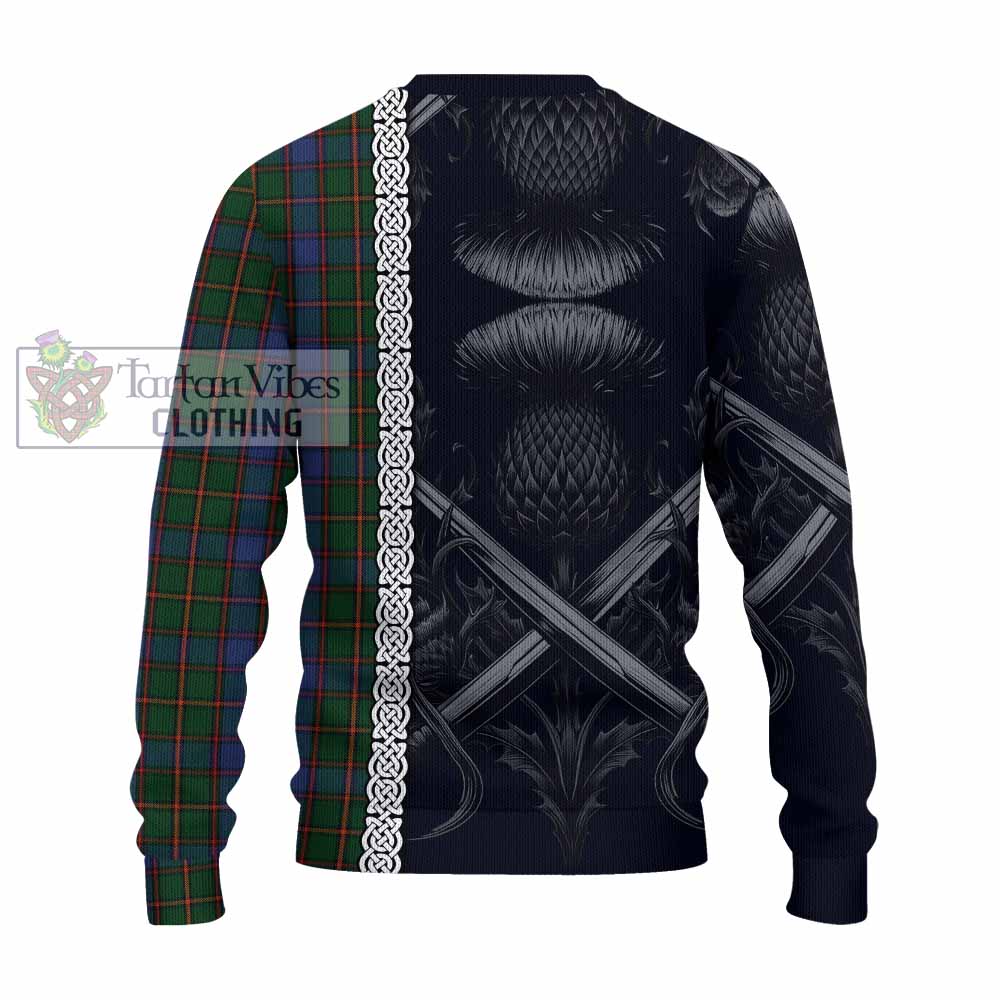 Tartan Vibes Clothing Skene Tartan Knitted Sweater with Family Crest Cross Sword Thistle Celtic Vibes